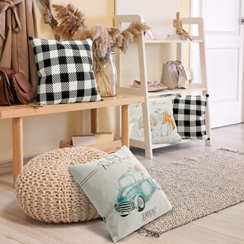 Farmhouse Fall Pillow Covers 18" x 18" - Four Modern Buffalo Plaid Farmhouse Design Throw Pillow Covers - These Pumpkin Decor Accents are The Perfect Addition to Your Indoor/Outdoor Home Decoration