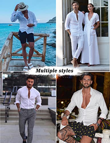 COOFANDY Men Linen Sets Outfits 2 Piece For Wedding Long Sleeve And Casual Elastic Waist Shorts Summer Outfits (White M