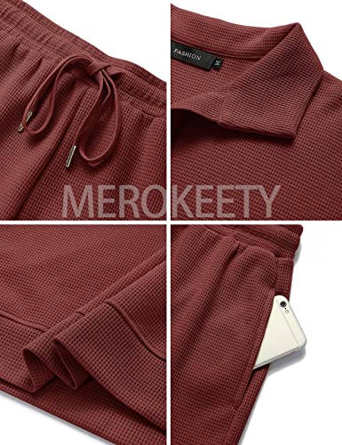 MEROKEETY Women's 2 Piece Waffle Knit Lounge Sets Long Sleeve Shorts Jogger Outfits Pjs Brickred