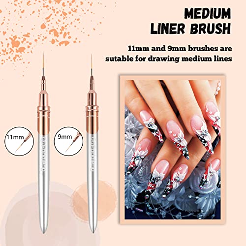 Liner Brush for Nails, 6Pcs Thin Nail Art Brushes Professional Nail Detail Brush for Gel Polish Sizes 5/7/9/11/15/25mm (Silver and Golden)