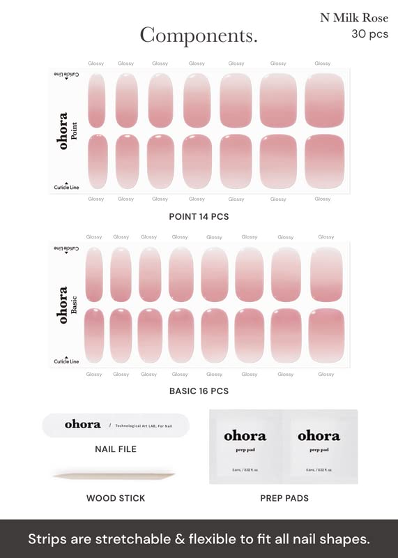 ohora Semi Cured Gel Nail Strips (N Milk Rose) - Works with Any Nail Lamps, Salon-Quality, Long Lasting, Easy to Apply & Remove - Includes 2 Prep Pads, Nail File & Wooden Stick - Pink