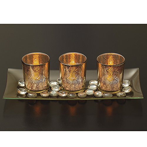 Dawhud Direct Decorative Votive Candle Holders, Vintage Decor Flameless Natural Candlescape Set, 3 LED Tea Light Candles, Rocks and Tray (Decorative Glass)