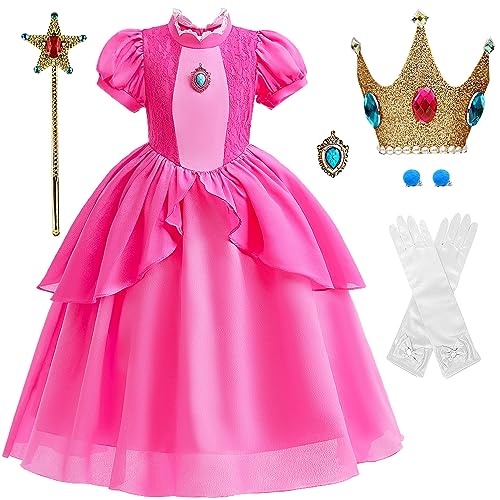 Magwei Princess Peach Costume Dress for Girls Kids Super Bros Cosplay with Accessories Halloween Party Dress Up Outfit 3-12Y (120(5-6 Years))