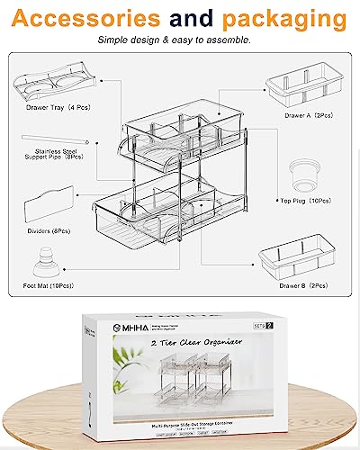 MHHA 2 Pack Bathroom Cabinet Organizer, 2 Tier Clear Under Sink Organizers and Storage Medicine Cabinet Organizer with Dividers, Pull Out Kitchen Pantry Shelf Cupboard Closet Vanity Organization Bins