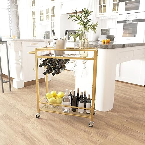 Bar Cart, 2-Tier Kitchen Cart with Wine Rack and Glass Holder, Gold Serving Cart with Wine Rack and Glass Holder, Rolling Serving Cart for Kitchen, Dining Room, Club, Bar, Living Room, Party, Gold