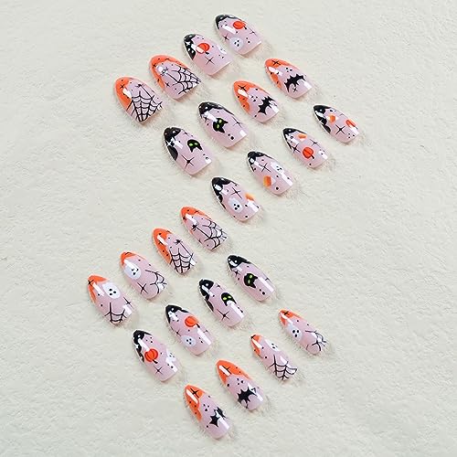 Halloween Nails French Tip Press on Nails Short Almond Fake Nails Nude Pink False Nails with Cute Ghosts and Pumpkins Pattern Designs Full Cover Glossy Acrylic Nails for Women 24 Pcs