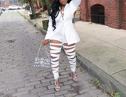 Women 2 Piece Outfits Sexy Long Sleeve A Buckle Blazer Jackets with Ripped Holes Leggings Two Piece Set White