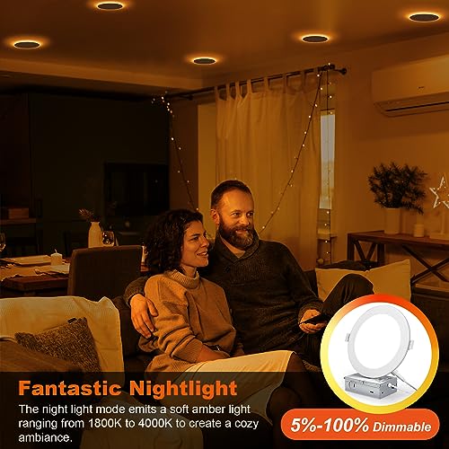 ZYC Canless LED Recessed Lighting 4 Inch 6 Pack 5CCT Ultra-Thin Recessed Downlight Lights with Night Light Mode, 9W 800LM Dimmable Retrofit Wafer Recessed Ceiling Light, 1800K to 5000K ETL&FCC