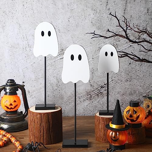 3 Pcs Halloween Standing Table Decor Wood Tiered Tray Table Decorations Ghost Cat Bat Candy Corn Table Centerpiece Tall Block Sign Set for Halloween Party Home (Ghost)