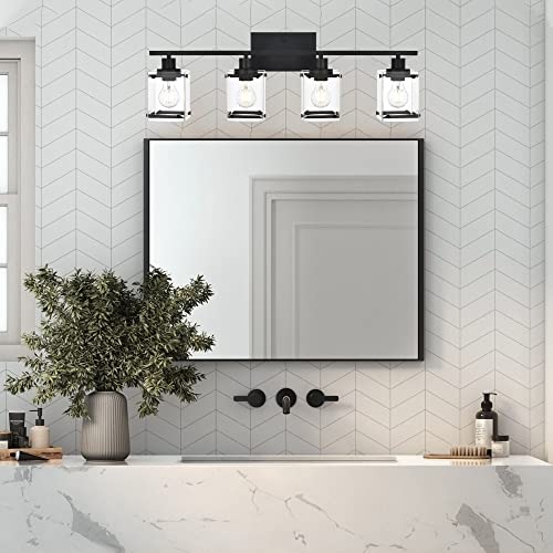 MELUCEE Bathroom Light Fixtures 4 Lights Matte Black Vanity Light with Rectangular Clear Glass Shade, Modern Metal Sconces Wall Lighting for Mirror Kitchen Bedroom Powder Room