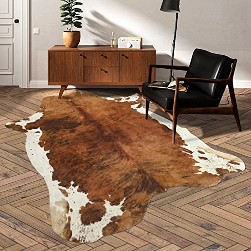 DweIke Faux Cowhide Rug, 4.6ft x 5.2ft Luxury Cow Print Rugs, Faux Fur Animal Cow Hide Carpet for Bedroom, Living Room, Office, Home Decor, Non-Slip Cute Cowhide Rug, Brown