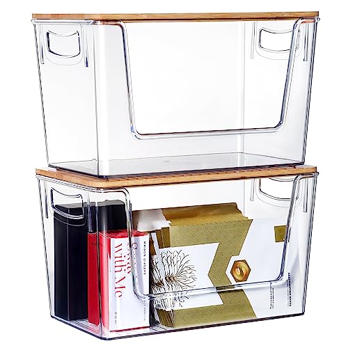 Hudgan Stackable Storage Container Bins Clear Plastic Open Front Storage Bins with Bamboo Lids for Organizing The Home Edit and Cabinet Organizers