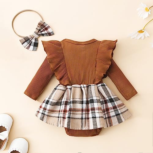 Toddler Baby Girl Fall Winter Outfit Set Plaid Romper Dress Ruffles Long Sleeve Clothes Jumpsuit with Bow Headband (Brown, 6-9 Months)