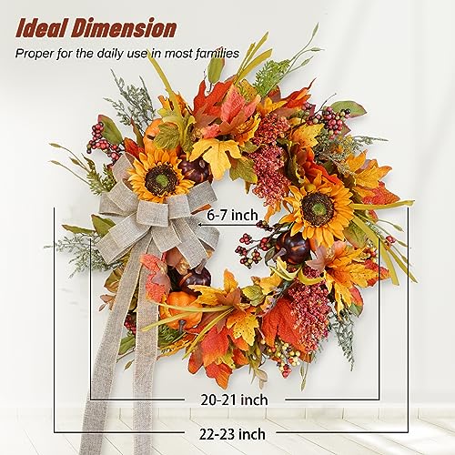 Fall Wreaths for Front Door, Sunflower Autumn Wreath, Pumpkins and Burlap Bows, for Halloween Christmas Farmhouse Indoor Outdoor Outside