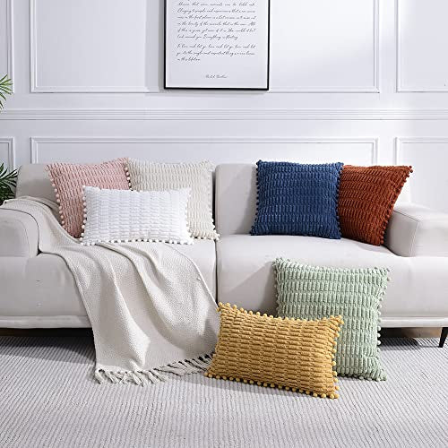 Fancy Homi 2 Packs Rust Decorative Throw Pillow Covers 18x18 Inch with Pom-poms for Couch Bed Living Room, Farmhouse Boho Home Decor, Terracotta Soft Corduroy Cute Square Cushion Case 45x45 cm