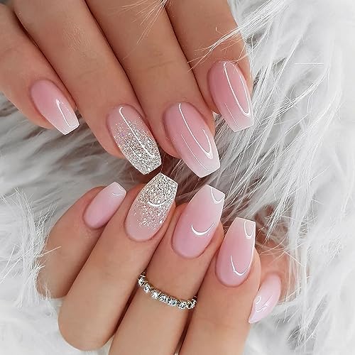 Press on Nails Medium Coffin Fake Nails with Bling Glitter Designs Pink Acrylic Nails Glossy Glue on Nails Cute Stick on Nails Medium Length Press on Nails Reusable Artificial Nails for Women Girls