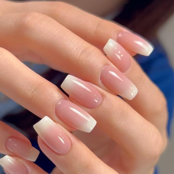 Medium Press on Nails Cute Coffin Fake Nails French Pink White Gradient Acrylic Nails Medium Length False Nails with Designs Glossy Stick on Nails for Women Girls DIY Manicure