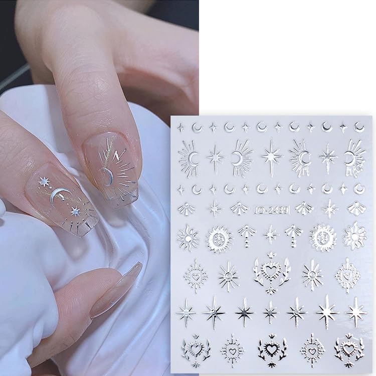 6 Sheets Star Nail Art Stickers 3D Self-Adhesive Gold Silver Sun Moon Nail Stickers Heart Nail Decals Nail Art Supplies Designs Star Moon Sun Nail Charm for Women Girls Acrylic Manicure Decorations