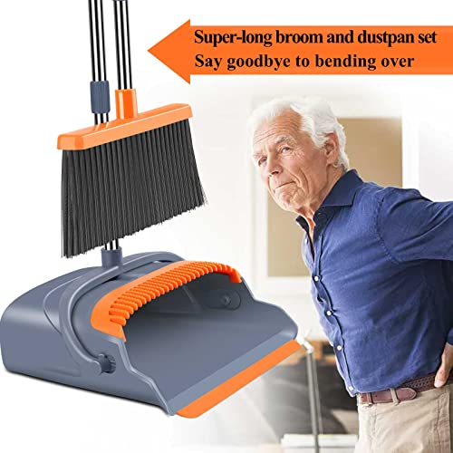 kelamayi Upgrade Stand Up Broom and Dustpan Set, Self-Cleaning with Dustpan Teeth, Ideal for Dog Cat Pets Home Use, Super Long Handle (Gray&Orange)