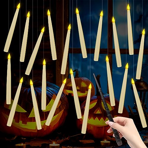 20Pack Halloween Decorations -Flameless Taper Floating Candles with Magic Wand Remote Flickering Warm Light LED Candles Hanging For Harry Potter Witch Wizard Christmas Room Birthday Party Home Décor