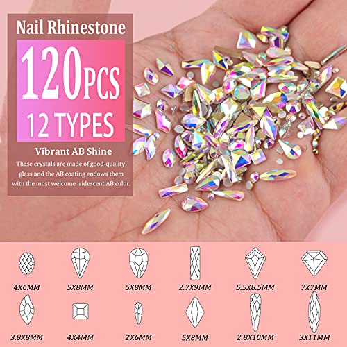 Multi Shapes 3D Glass AB Crystal Nail Art Rhinestones Kit with Flatback Round Bead Charm Gem Stone Jewelry Diamond with Pickup Pen + Tweezer for Manicure Craft Decoration by BELLEBOOST (Iridescent)