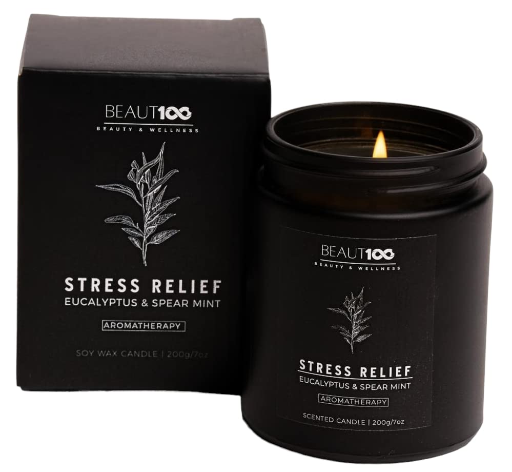 Aromatherapy Stress Relief Candle, BEAUT100 Scented Candles for Men & Women, Strong Scented Candles for Home, Soy Candles Gifts for Her Stress Relief, 40-50 Hour Burn Candle Glass Jar