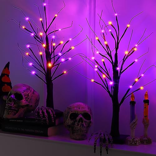 Efunly 2 Pack 24 Inch Halloween Black Spooky Tree with Orange & Purple Lights, USB&Battery Operated Tabletop Halloween Black Tree with Timer for Halloween Decorations Indoor Home Holiday Party