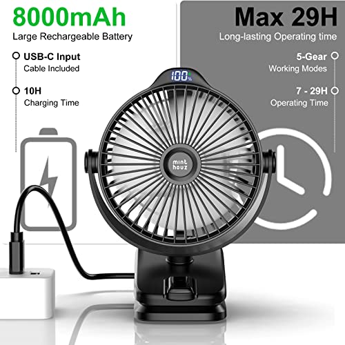 Minthouz Clip on Fan, 8000mAh USB-C Rechargeable Battery Operated Fan, 5 Speeds Portable Small Fan, Low Noise Desk Fan with Clip Ideal for Outdoor Camping/Stroller/Home/Office