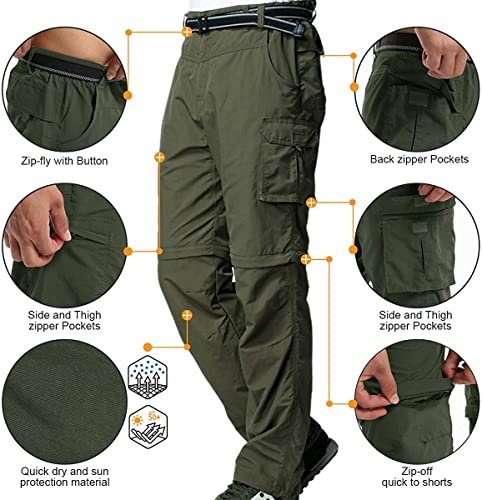 JOMLUN Men’s Hiking Pants Zip Off Cargo Pants Lightweight Quick Dry Convertible Outdoor Shorts Army Green