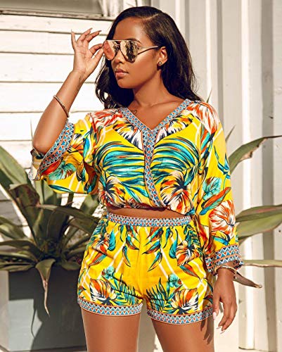 Two Piece Outfits for Women Sexy - African Printed Crop Top Shorts Set Green M