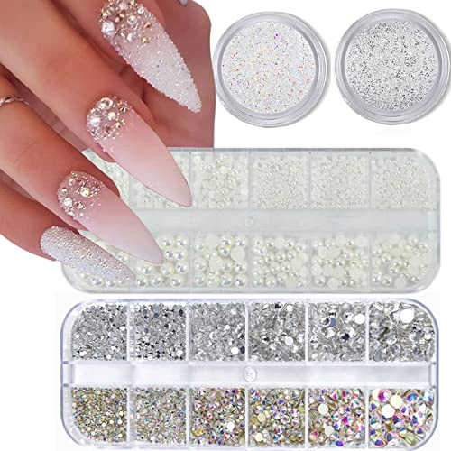 4 Boxs Nail Art Rhinestones Flatback Pearls Charms for Acrylic Nails Crystals Supplies Half Round Design Gems Accessories DIY Decor.