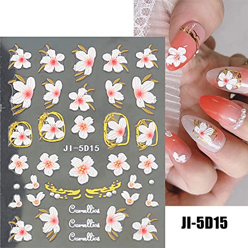 3D Embossed Flower Leaves Nail Art Stickers Decals 4 Sheets 5D Self-Adhesive Pegatinas Uñas Summer Nail Supplies Nail Art Design Decoration Accessories