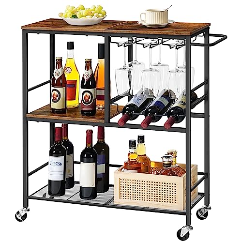 HOOBRO Bar Cart for The Home, 29.5 inches 3-Tier Serving Cart with Wheels, Rolling Kitchen Cart with Wine Rack and Glass Holder for Living Room, Party, Bar, Rustic Brown and Black BF21TC01