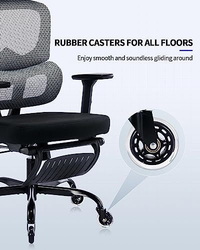 Ergonomic Office Chair with Foot Rest, Rubber Wheels Desk Chair with Lumbar Support, Adjustable Headrest & 3D Armrest, Mesh Computer Chair for Adults, Reclining Home Office Chair BlackGray