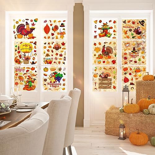 193 PCS Thanksgiving Window Clings Stickers Fall Decor, Double-Side Turkey Cling for Glass Window Thanksgiving Decorations for Home Party