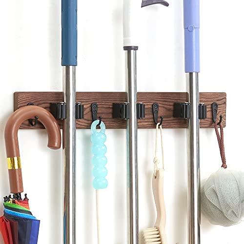 MG rack YF Mop and Broom Holder Wall Mount, Rustic Solid Wood Holder Garden and Kitchen Garage Tool Organizer Wall Hanger for Home Goods (3 Positions with 4 Hooks)