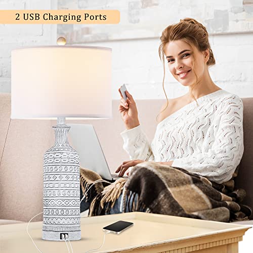 27" Modern Ceramic Table Lamp Set of 2, Farmhouse Boho Bedside Lamps with USB Ports, 3-Color Temperature Nightstand Lamp White Linen Shade for Living Room Bedroom Home Office (LED Bulbs Included)