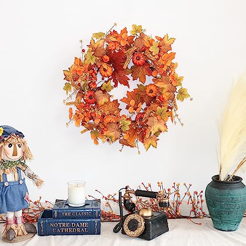 VioletEverGarden 20inch Artificial Fall Wreath with Pumpkins and Maple Leaf Orange Fall Door Wreaths Farmhouse and Thanksgiving Fall Wreaths for Front Door