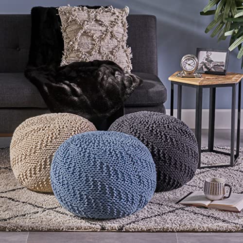 Christopher Knight Home Beryl Knitted Cotton Pouf, Teal, Blue