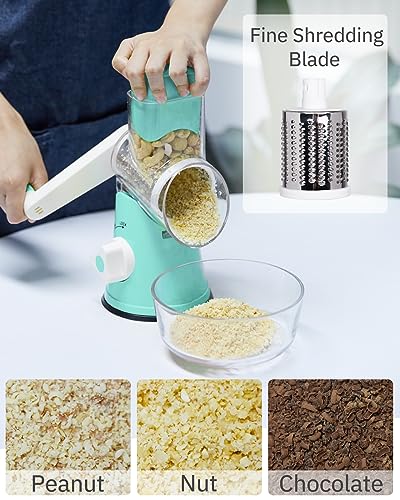 X Home Rotary Cheese Grater, Manual Cheese Grater with Handle, Mandoline Vegetables Slicer Cheese Shredder with Strong Suction Base, 3 Drum Blades Cheese Shredder Included, Easy to Use and Clean, Blue