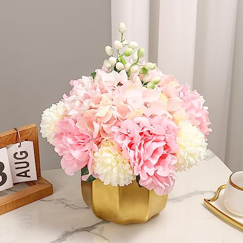 NAWEIDA Artificial Flowers in Vase,Faux Hydrangea Flower Arrangements for Home Office Decoration, Dining Table Centerpiece-Pink