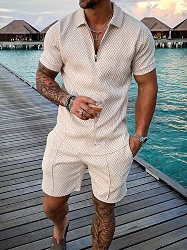 Size M Beige Mens Short Sets 2 Piece Outfits Polo Shirt Fashion Summer Tracksuits Casual Short Sleeve and Shorts Set