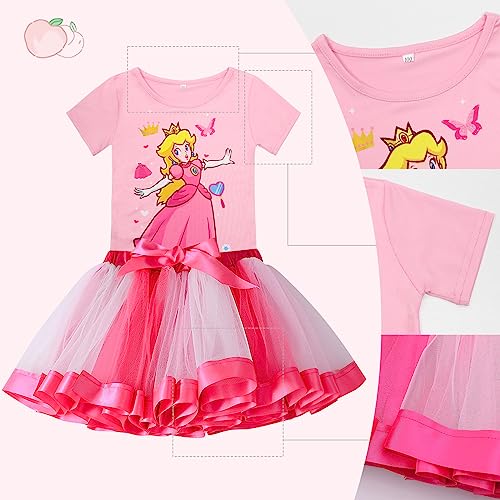 ADREIT Princess Peach Costume Set for Girls, Super Bros Princess Peach Tutu Dress with Accessories Cosplay Halloween Party