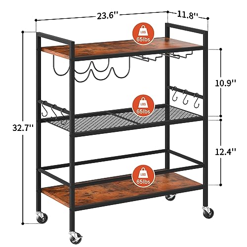 Yoobure Bar Cart with Wheels, Bar Carts for The Home, 3-Tier Rolling Kitchen Cart with Wine Rack and Glass Holder, Home Bar & Serving Carts with Hooks Wine Cart Microwave Cart for Kitchen Living Room
