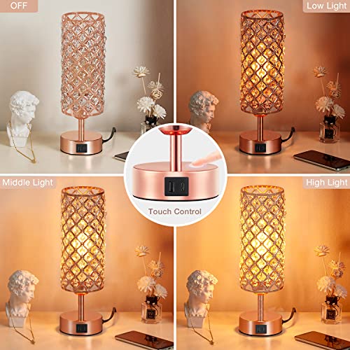 Hong-in Crystal Table Lamp, Rose Gold Lamp with USB C+A Ports, 3 Way Dimmable Light with Crystal Lampshade, Bedside Lamp Small Touch Light for Living Room Bedroom Home, Charge Phone (Bulb Included)