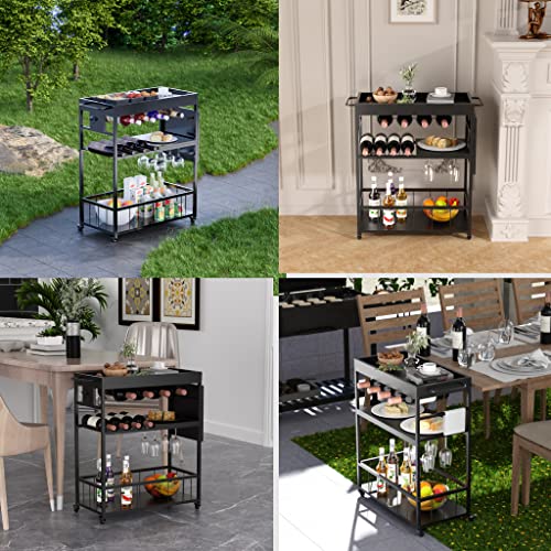 DDJ Black Bar Carts for The Home Bar Serving Cart,3 Tier Mobile Kitchen Storage Trolley,Wine Rack Cart,Glass Holder,Bottle Opener,Removable Tray,Outdoor Drink Beverage Mini Small Bar Cart with Wheels