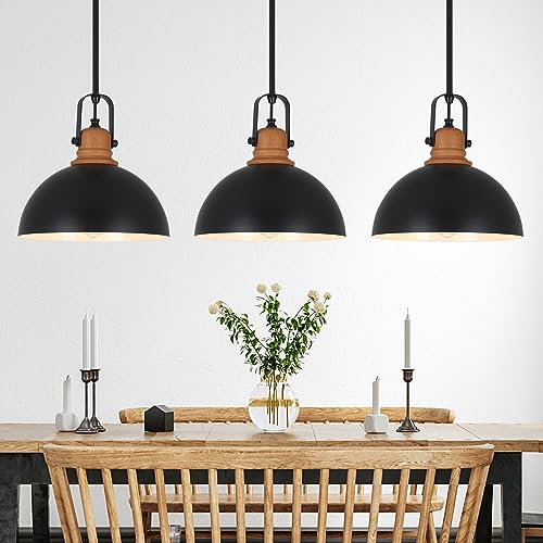 LAMSU 3 Pack Black Pendant Lights Kitchen Island, Farmhouse Dining Room Light Fixtures with Metal Dome Shades, Industrial Chandeliers Hanging Lighting for Living Room, Hallway, Height Adjustable