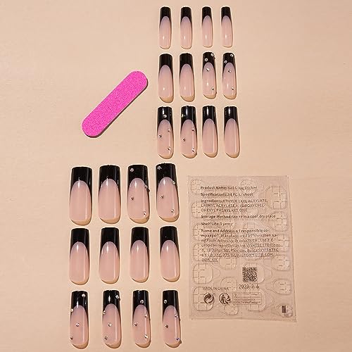 French Tip Press on Nails Medium Square Fake Nails Black Nude Glue on Nails Glossy Rhinestone False Nails With Design Cute Acrylic Nails Holiday or Summer for Women Nail Art 24pcs