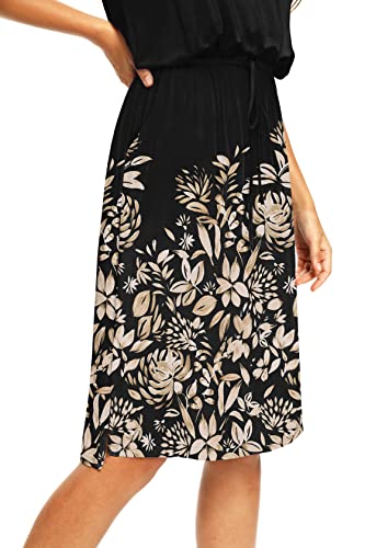 Women Spring Summer Teacher Outfit Hide Tummy Midi Casual Dress Floral Black XL