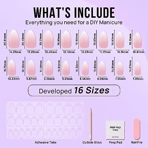 Almond Press On Nails Medium - BTArtbox Soft Gel Ombre Fake Nails with Nail Glue, Fit Perfectly & Natural Reusable Semi-Transparent Glue On Nails in 16 Sizes - 32PCS Stick On Nails Kit, Vanilla Cream Almond